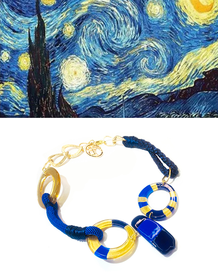 Collar de acrilico de colores azules con dorados y amarillos, inspirada en la obra Noche estrellada de Van Gogh