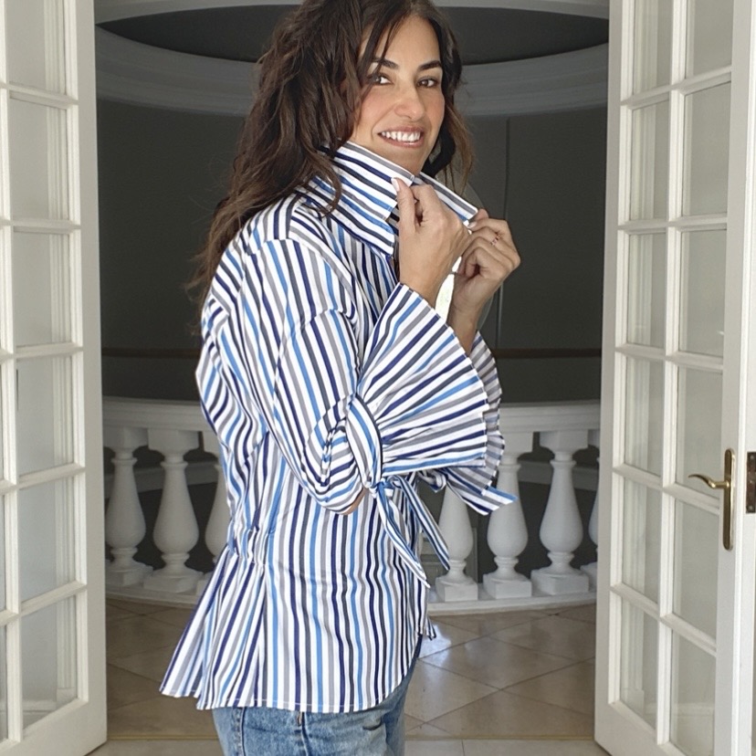 Camisa de Mujer 100% algodón de linea color Blanco; azul, celeste y gris
