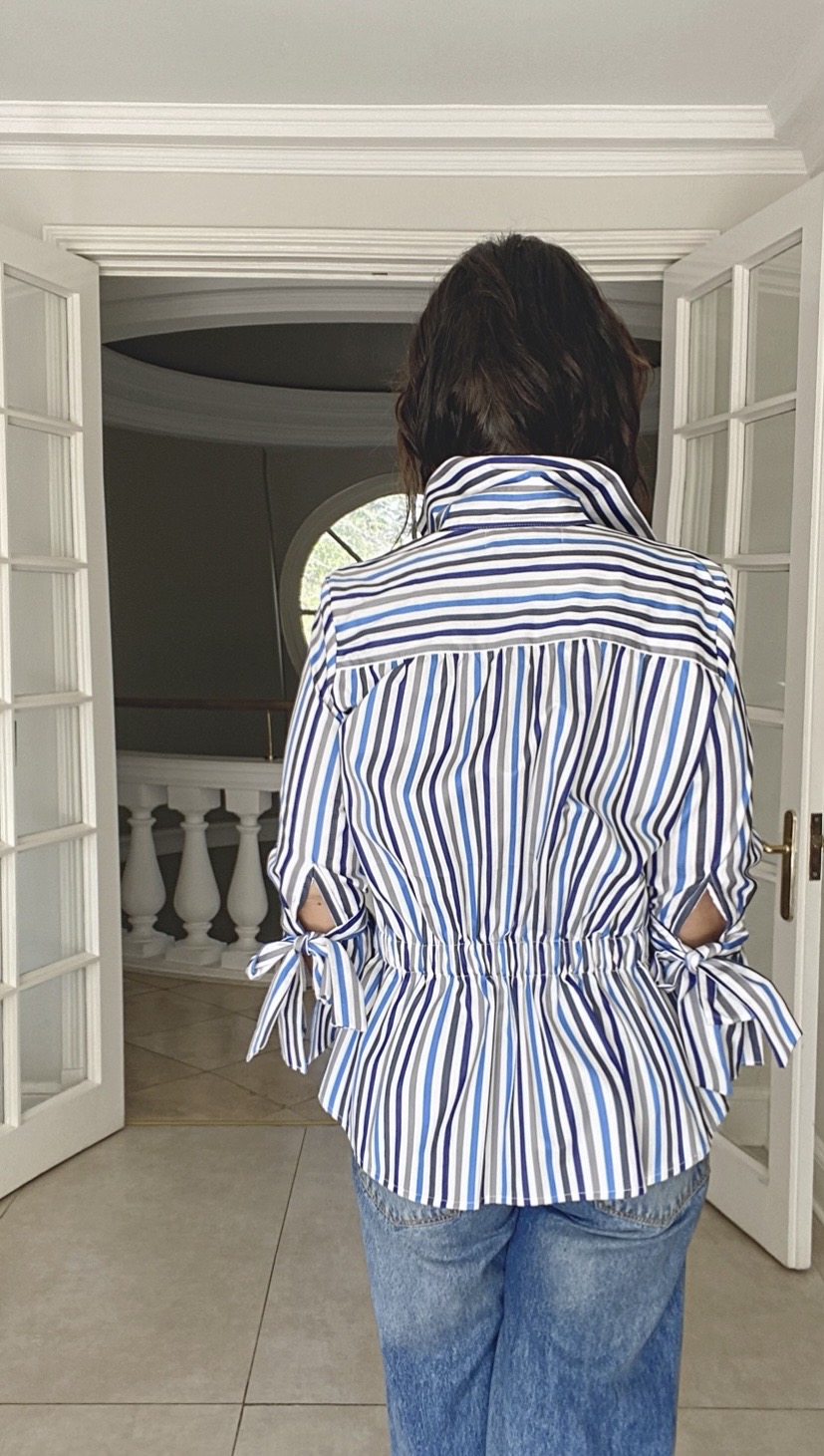 Camisa de Mujer 100% algodón de linea color Blanco; azul, celeste y gris